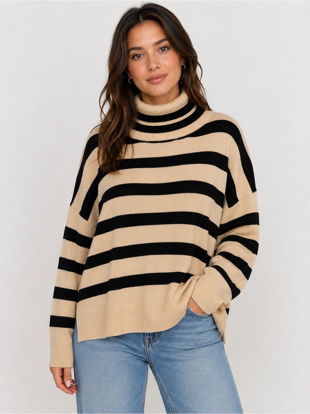 Deluc Oversized Striped Split Hem TurtleNeck Sweater Top Women’s Medium Preppy